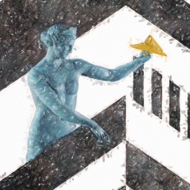 Tapet contemporan cu design chevron si un personaj misterios pe fundal