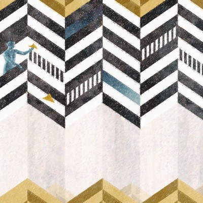 Tapet contemporan cu design chevron si un personaj misterios pe fundal