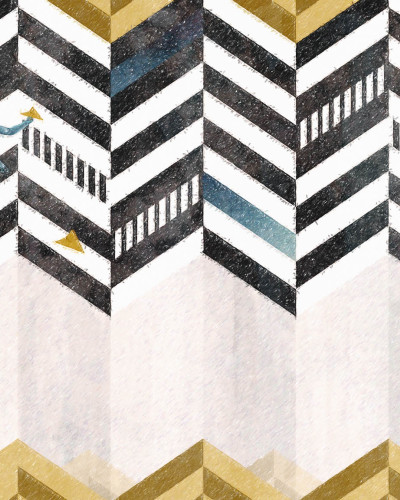 Tapet contemporan cu design chevron si un personaj misterios pe fundal