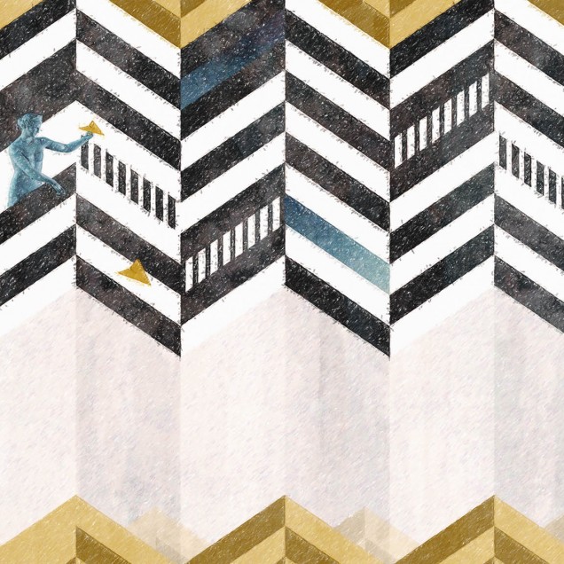 Tapet contemporan cu design chevron si un personaj misterios pe fundal