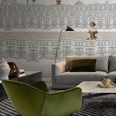 Tapet contemporan cu design unic, cu clădiri vechi in stil grafic si personaje feminine