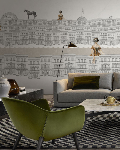 Tapet contemporan cu design unic, cu clădiri vechi in stil grafic si personaje feminine