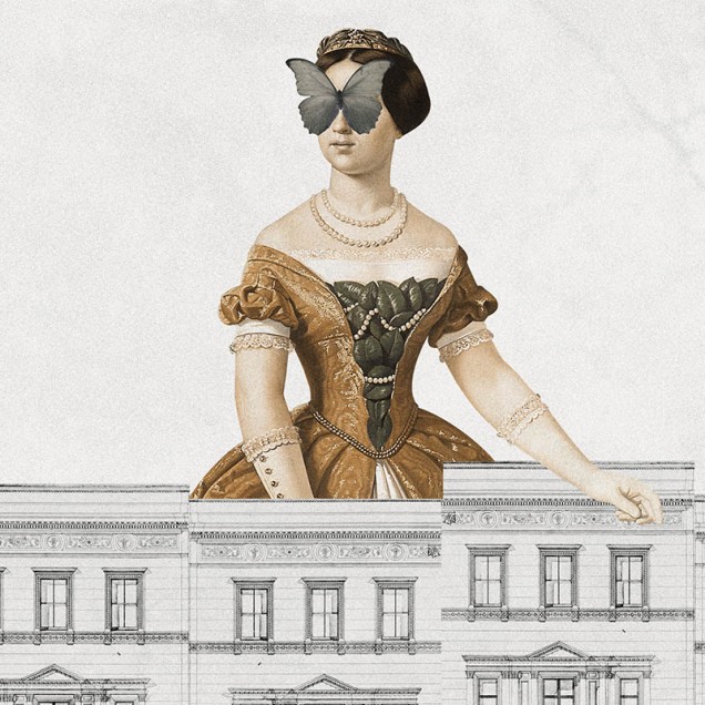 Tapet contemporan cu design unic, cu clădiri vechi in stil grafic si personaje feminine