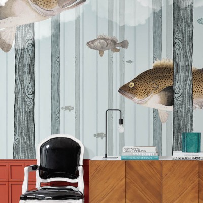 Tapet contemporan cu peisaj de pădure și pești stilizați, Fish Forest
