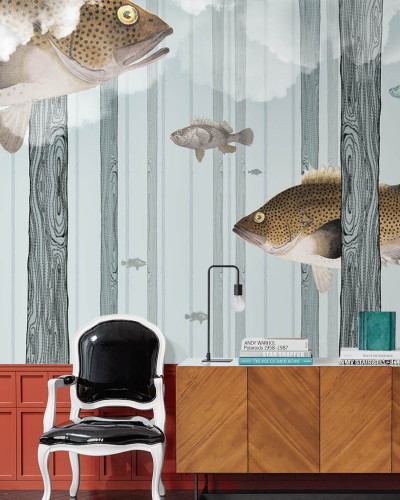 Tapet contemporan cu peisaj de pădure și pești stilizați, Fish Forest