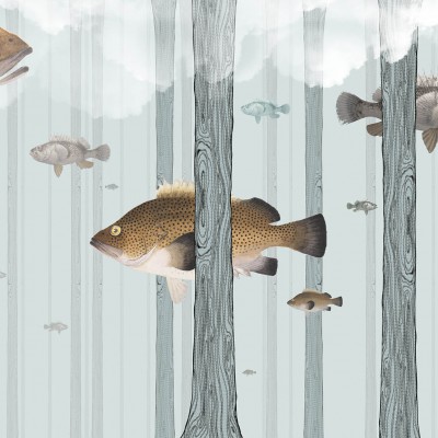 Tapet contemporan cu peisaj de pădure și pești stilizați, Fish Forest