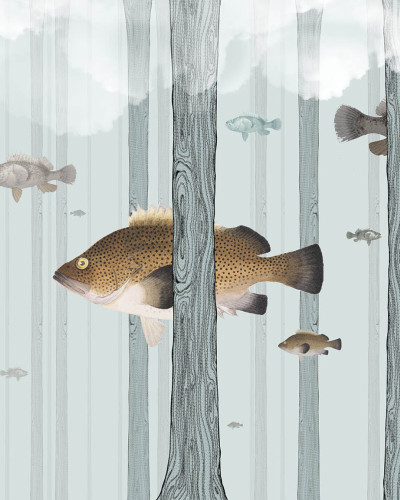 Tapet contemporan cu peisaj de pădure și pești stilizați, Fish Forest