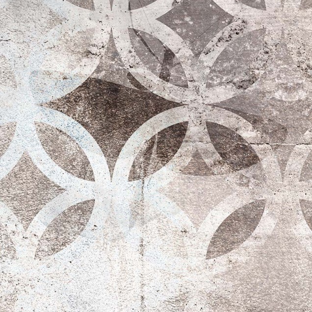 Tapet contemporan cu model geometric minimalist, pe un fundal de beton cu textură brută.