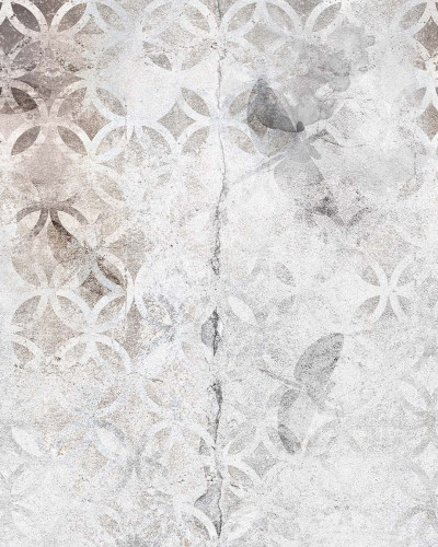 Tapet contemporan cu model geometric minimalist, pe un fundal de beton cu textură brută.