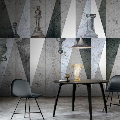 Tapet contemporan cu design geometric și piese de șah  