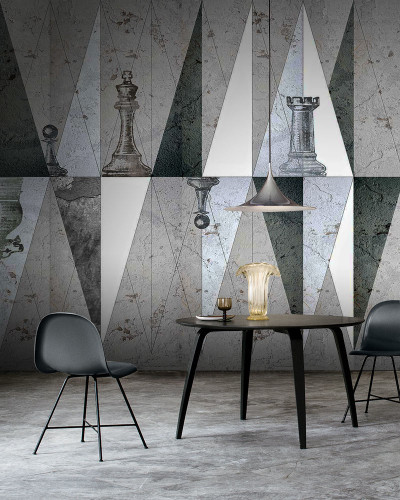 Tapet contemporan cu design geometric și piese de șah  