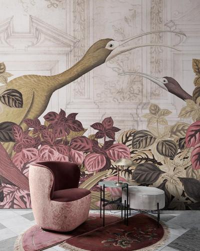 Tapet mural contemporan cu păsări exotice și vegetație luxuriantă.