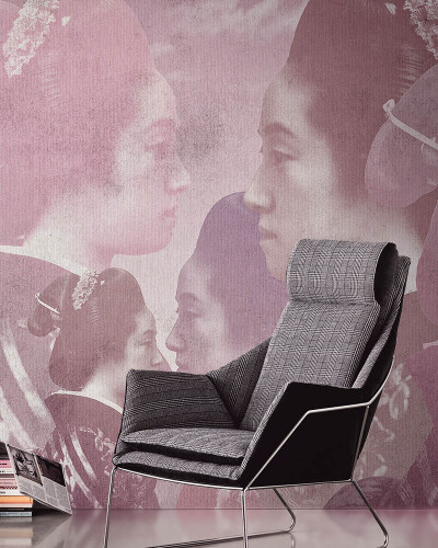 Tapet contemporan Geisha, cu design inspirat din cultura japoneză, cu imagini cu siluete feminine delicate, în nuanțe de roz
