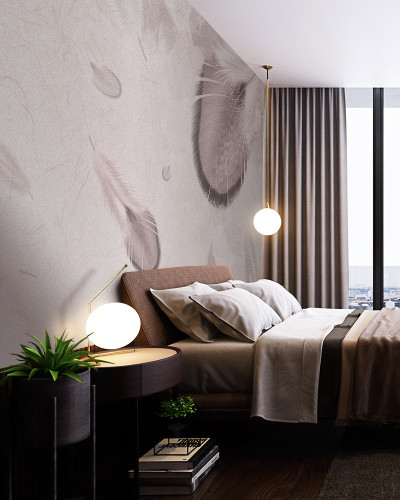 Tapet dormitor contemporan cu design abstract de pene delicate, în nuanțe de gri