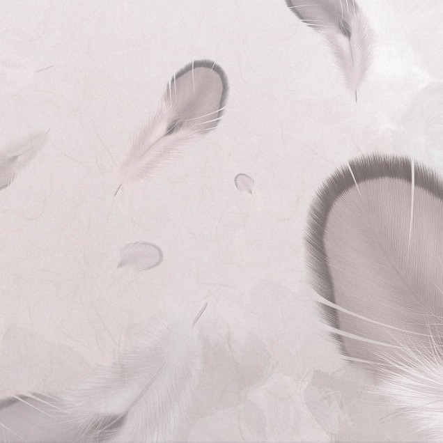 Tapet dormitor contemporan cu design abstract de pene delicate, în nuanțe de gri