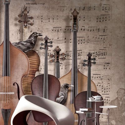 Contemporary Prelude mural wallpaper featuring a vintage music sheet with a collage of string instruments.