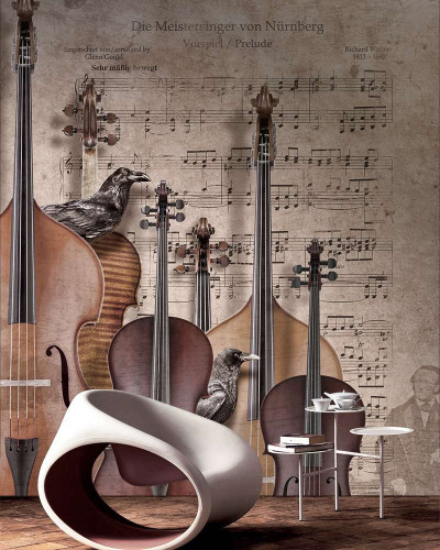 Contemporary Prelude mural wallpaper featuring a vintage music sheet with a collage of string instruments.