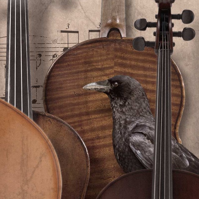 Contemporary Prelude mural wallpaper featuring a vintage music sheet with a collage of string instruments.