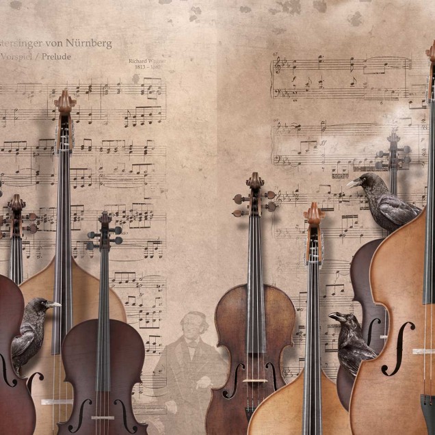 Contemporary Prelude mural wallpaper featuring a vintage music sheet with a collage of string instruments.