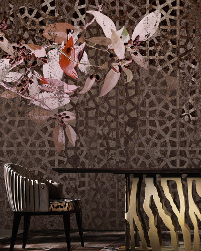 Wallpaper modern Southern Nights, cu motive florale și un fundal geometric.