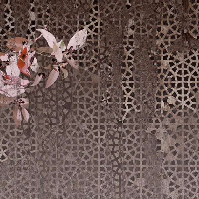 Wallpaper modern Southern Nights, cu motive florale și un fundal geometric.