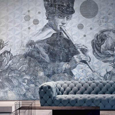 Tapet contemporan Blue Melody, Idea Murale cu un portret vintage și flori, în nuanțe de albastru și gri.