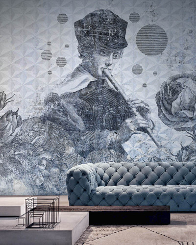 Tapet contemporan Blue Melody, Idea Murale cu un portret vintage și flori, în nuanțe de albastru și gri.