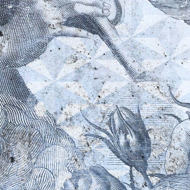 Tapet contemporan Blue Melody, Idea Murale cu un portret vintage și flori, în nuanțe de albastru și gri.