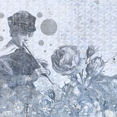 Tapet contemporan Blue Melody, Idea Murale cu un portret vintage și flori, în nuanțe de albastru și gri.
