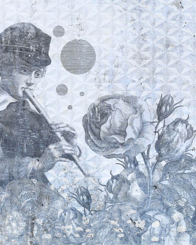 Tapet contemporan Blue Melody, Idea Murale cu un portret vintage și flori, în nuanțe de albastru și gri.