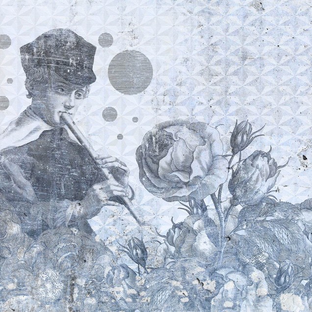 Tapet contemporan Blue Melody, Idea Murale cu un portret vintage și flori, în nuanțe de albastru și gri.