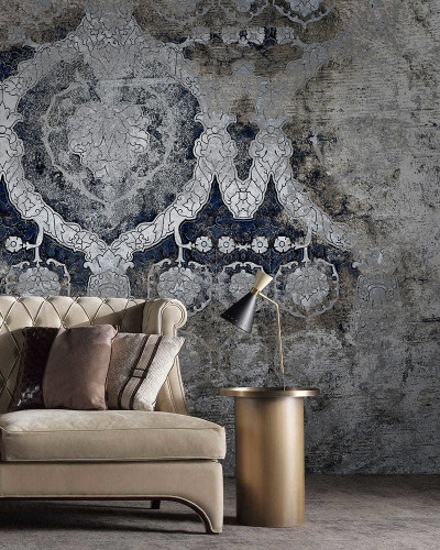 Tapet modern Midcentury Grunge cu design abstract, tonuri gri, albastre și argintii.