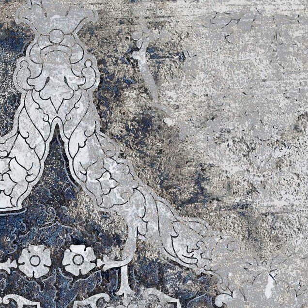 Tapet modern Midcentury Grunge cu design abstract, tonuri gri, albastre și argintii.