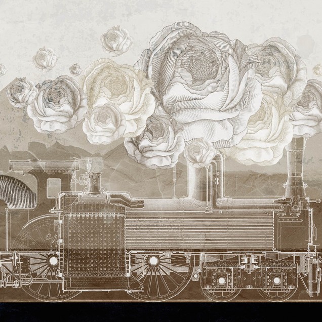 Tapet contemporan cu imprimeu al unei locomotive si flori