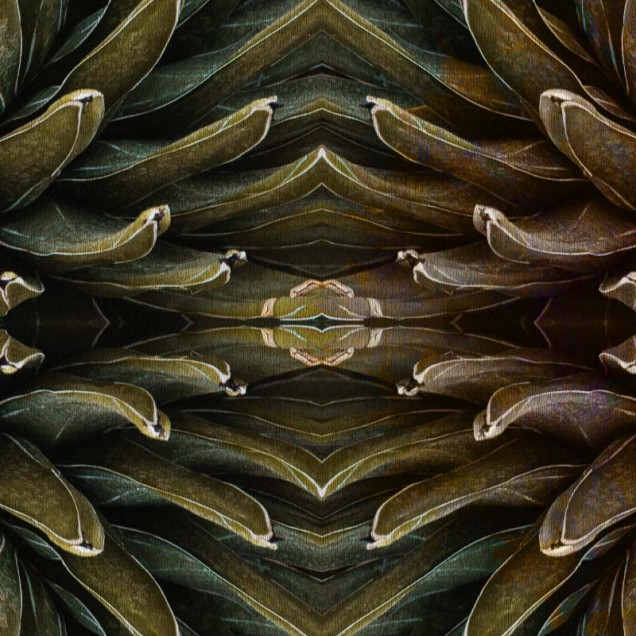 Tapet contemporan Jungle Secrets, cu design abstract de frunze verzi și o cheie misterioasă.