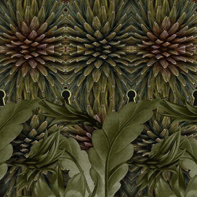 Tapet contemporan Jungle Secrets, cu design abstract de frunze verzi și o cheie misterioasă.