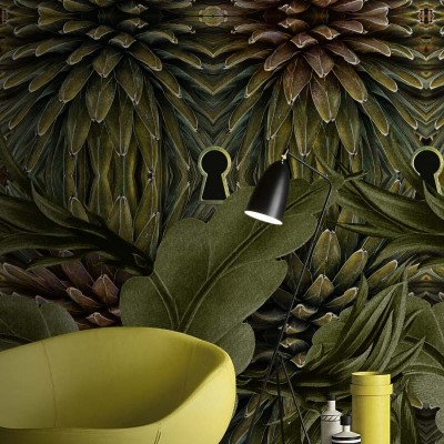 Tapet contemporan Jungle Secrets, cu design abstract de frunze verzi și o cheie misterioasă.