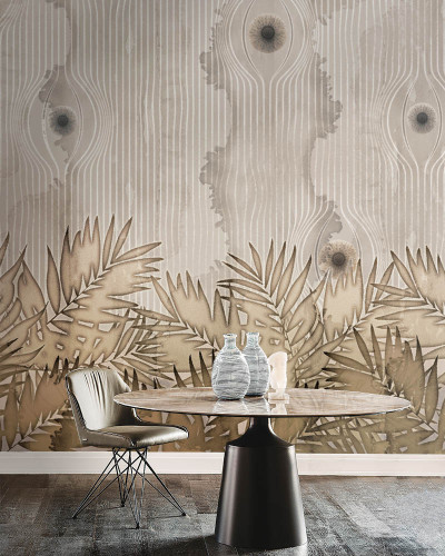 Tapet contemporan cu design abstract de lemn și frunze exotice, Venus Rising, Idea Murale.