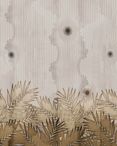 Tapet contemporan cu design abstract de lemn și frunze exotice, Venus Rising, Idea Murale.
