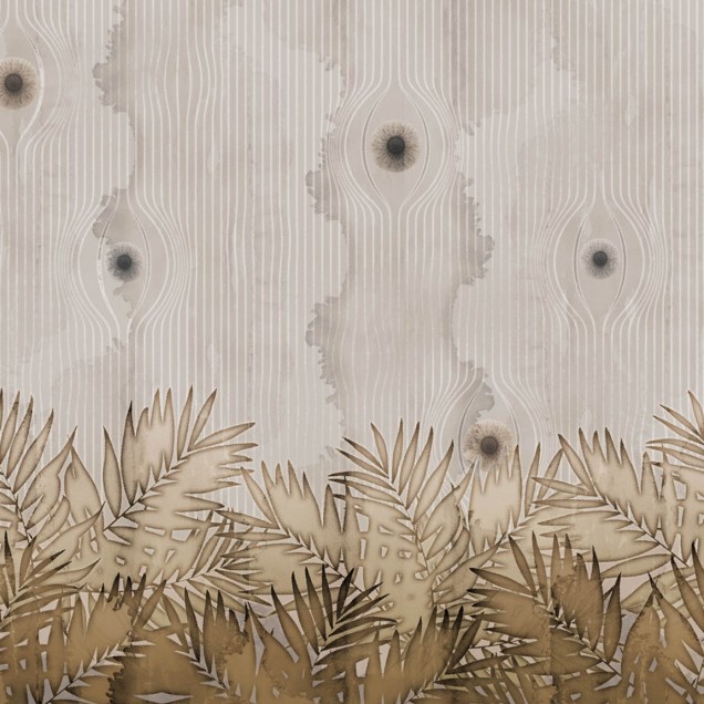 Tapet contemporan cu design abstract de lemn și frunze exotice, Venus Rising, Idea Murale.