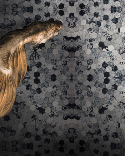 Tapet contemporan cu design unic cu un peste auriu si textura hexagonala gri.