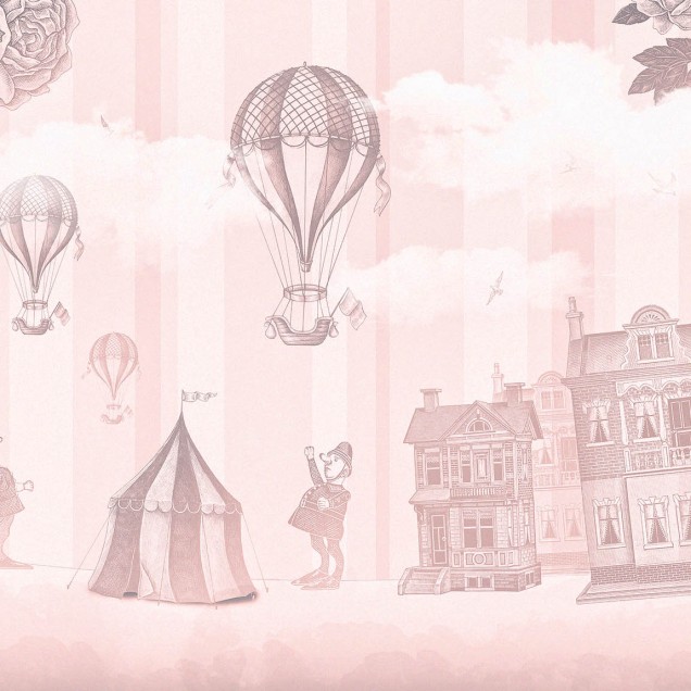 Tapet contemporan cu baloane cu aer cald, circ magic si personaje vintage pe fundal roz cu dungi.