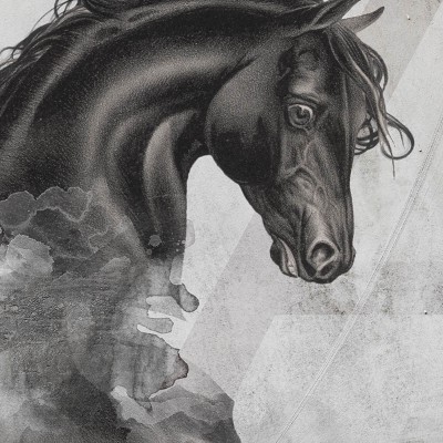 Tapetă murală Apollon cu un cal negru înconjurat de nori și triunghiuri geometrice