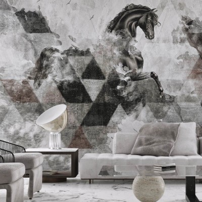 Tapetă murală Apollon cu un cal negru înconjurat de nori și triunghiuri geometrice