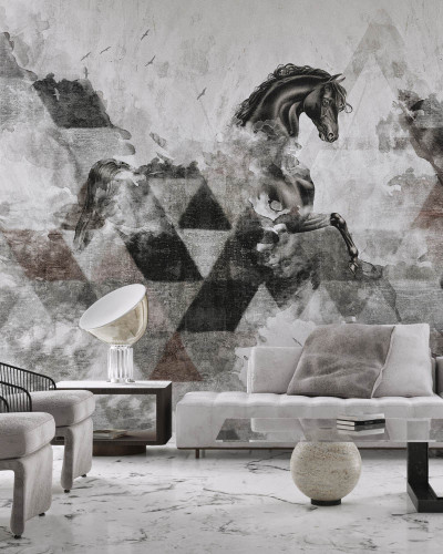 Tapetă murală Apollon cu un cal negru înconjurat de nori și triunghiuri geometrice