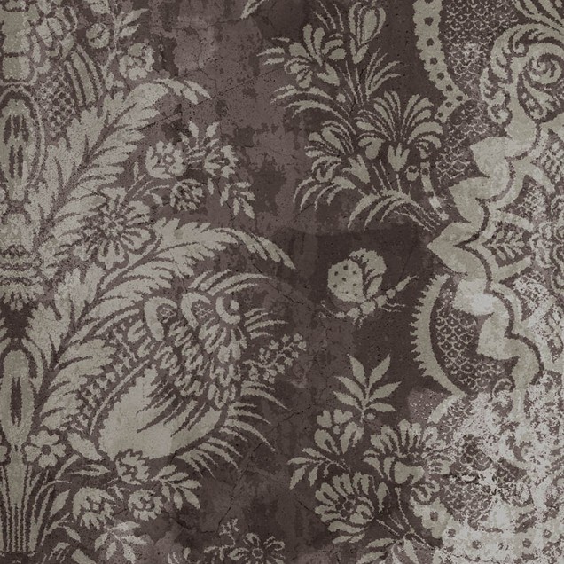 Tapet contemporan cu imprimeu floral vintage, in nuante de gri si maro, pentru dormitor.