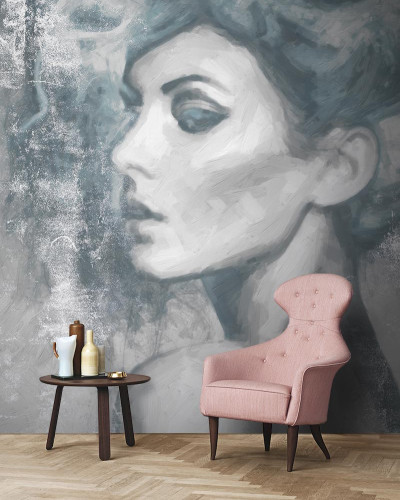 Wallpaper contemporan cu portret feminin, in tonuri de gri si alb