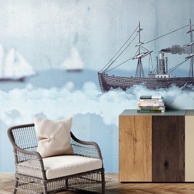Blury Sea - Ideea Murală: Imagine cu un mural cu un design nautic, ilustrând o ambarcațiune cu vele pe o mare albastră