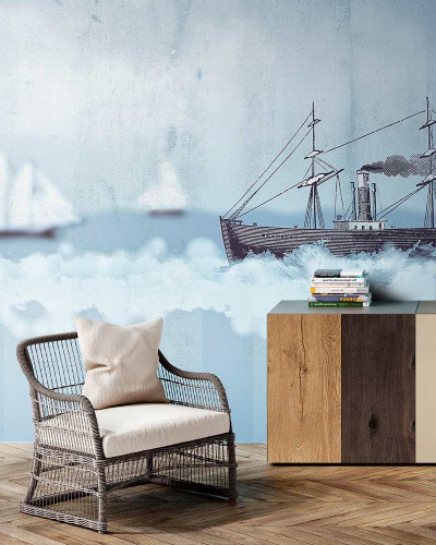 Blury Sea - Ideea Murală: Imagine cu un mural cu un design nautic, ilustrând o ambarcațiune cu vele pe o mare albastră