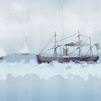 Blury Sea - Ideea Murală: Imagine cu un mural cu un design nautic, ilustrând o ambarcațiune cu vele pe o mare albastră
